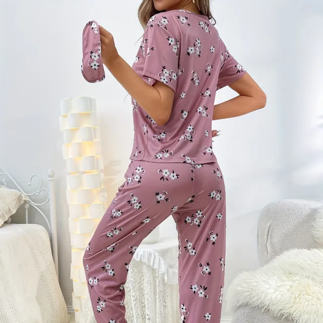 Women's loose pajamas with floral printing, short sleeve and pants - Sleeping and relaxation kit