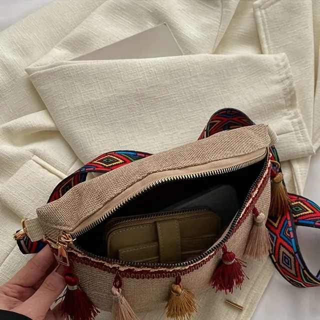 Damen Boho Bauchtasche mit ethnischen Mustern und Fransen