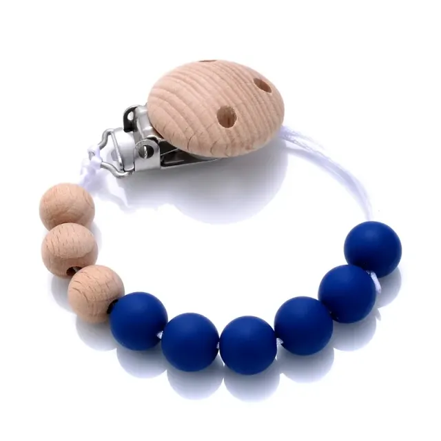 Wooden pacifier clip with silicone bite and round beads