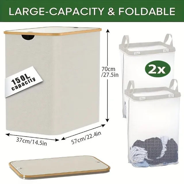 1pc Two-layer Basket On Laundry With lid, Big Basket On Laundry With lid, Basket On Dirty Laundry With 2 Small Bags On Laundry Inside, Removable and Washable Inner Bag, Foldable Basket On Dirty Laundry, Which Saves Place, Organisation Laundry Do Bedroom