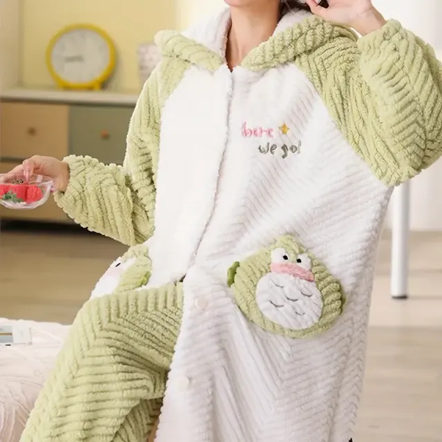 Warm robe with hood and cartoon motif, long bathrobe with buttons and pockets