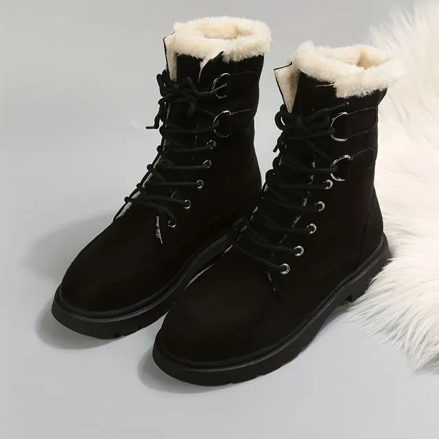 Women's winter leather shoes with fur and lace on the platform - warm and comfortable up to the calves