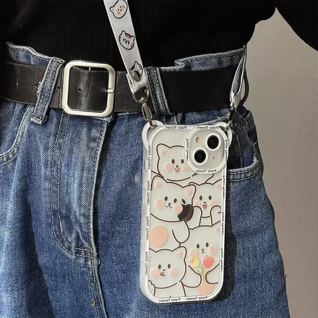 Silicone transparent iPhone phone case with Cute Bear motifs and neck strap