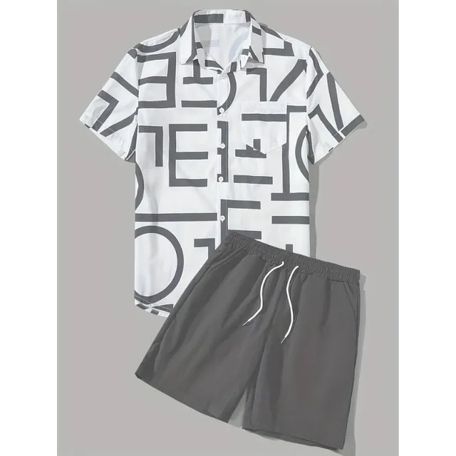 Set de vară pentru bărbați cu 2 piese: cămașă cu mâneci scurte și imprimeu cu litere peste tot + pantaloni scurți