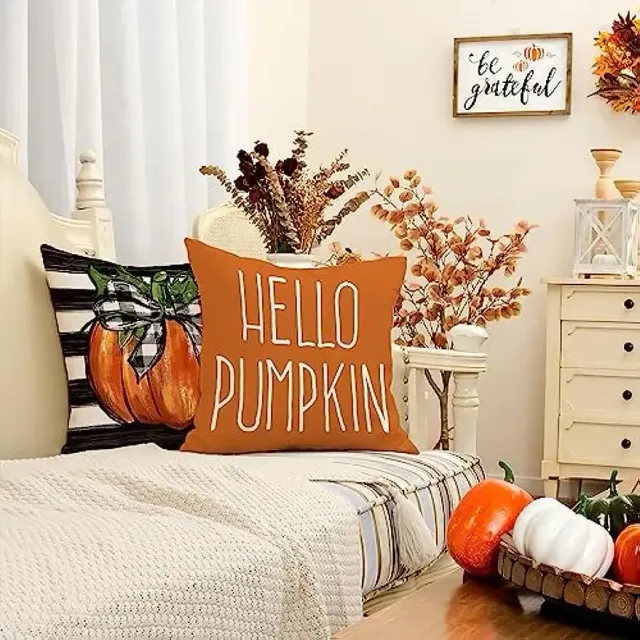 Autumn linen square pillowcase with striped pattern and inscription "Hello Pumpkin"