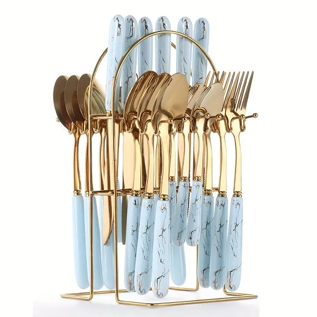 24pcs Stainless steel Stand for cutlery A Storage Box - Mirror Design for use In Households, Restaurant &amp; Party - Contains Dining Knife, Fork, Spoon &amp; Dessert Spoon - Ideal For Organizing &amp; Exhibition of cutlery