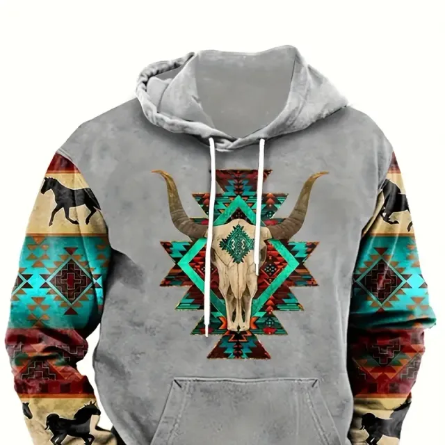 Male hoodie with ethnic pattern, stylish for leisure, with graphic hood, street style, autumn/winter, great gift