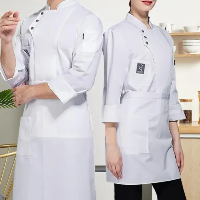 Universal professional chef coat in single-color design with collar and simple closure for men and women