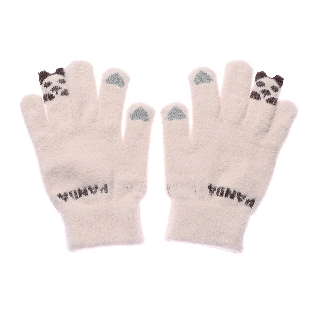 Knitted winter lady gloves with cute patch panda