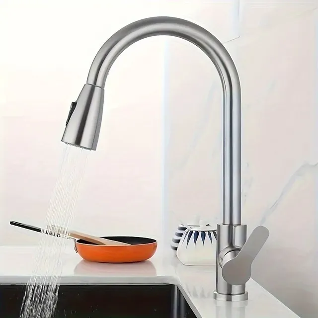 Baterie de bucătărie cu duș, din oțel inoxidabil, extensibilă, rotativă la 360°, cu manetă pentru controlul apei calde și reci - protecție împotriva stropirii