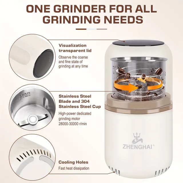 Electric spice grinder, herbs and coffee - 120g, easy control, quick grinding - grain coffee, nuts, spices, herbs, dried flowers. With cleaning brush