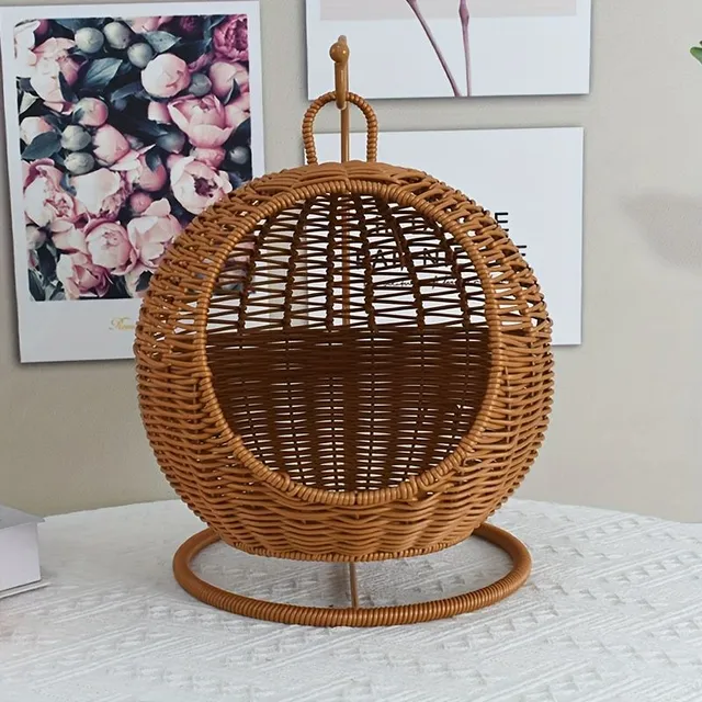 Knitted basket of artificial rattan for fruit, pastries and small snacks