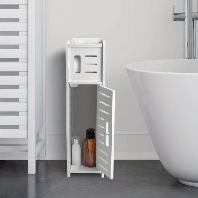 Compact storage column with toilet paper holder - space-saving bathroom organizer