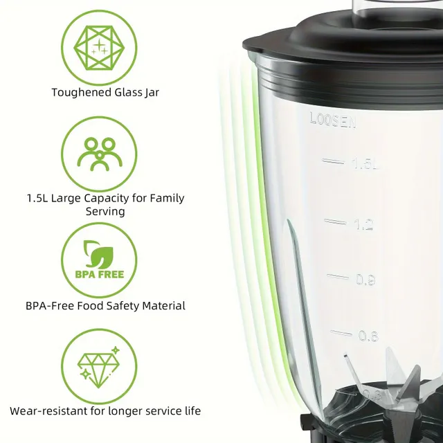 Personal blender with glass container and bottle of plastic without BPA, lid and knife. Ideal for frozen fruit drinks and sauces.