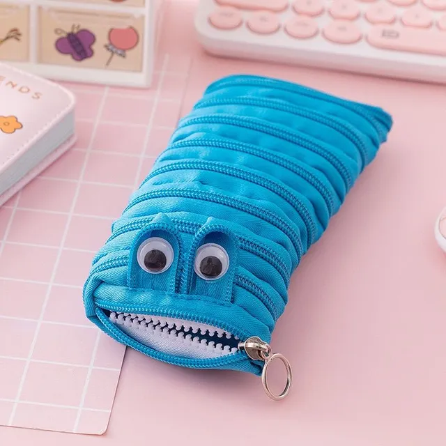 Original modern one-colour funny school pencil case in the shape of a cute worm with moving eyes