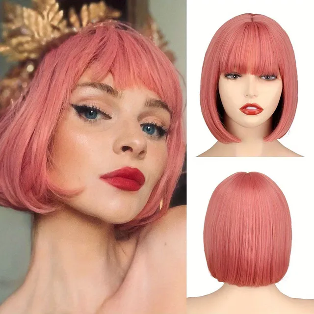 Women's wig: White, short straight bob with bang, natural synthetic fiber, for everyday wear - Hair extension and replacement