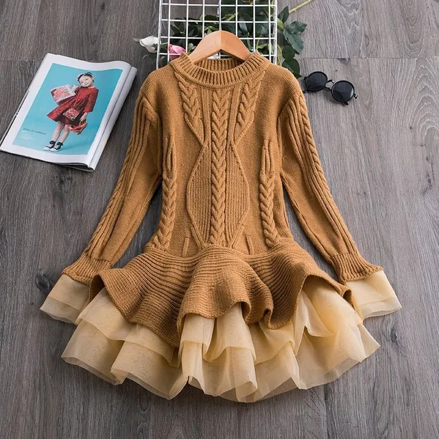 Rochie de iarnă pentru fetițe cu model tricotat și mâneci lungi