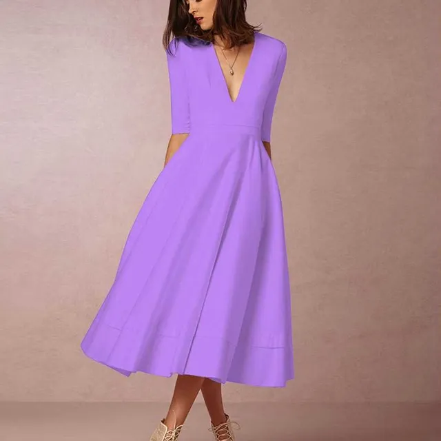 Elegáns Plunge Neckline Flowy Midi munka ruha violet s