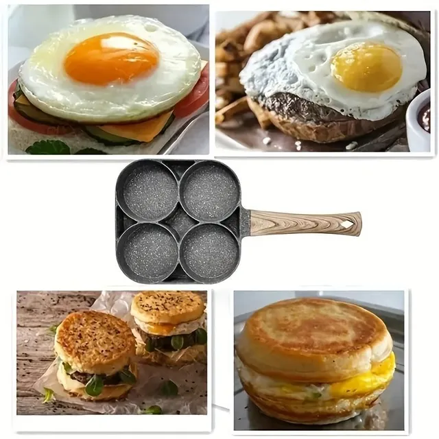 Non-stick pan for pancakes and fried eggs with 4 holes and wooden handles