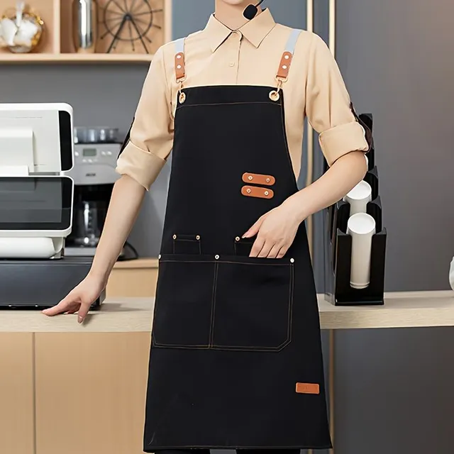 Waterproof and oil-repellent apron, unisex, with practical pockets