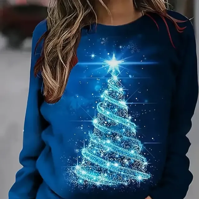 Women's Christmas sweater with tree printing, casual long sleeve, round neckline