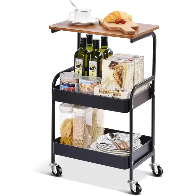 1pc Useful Cart With Wooden Plate Stella, 3pcs Metal Storage Cart, Black Kitchen Organizer Na Vítík, Mobile Table With Locking Wheels For Office, Textbook, Home