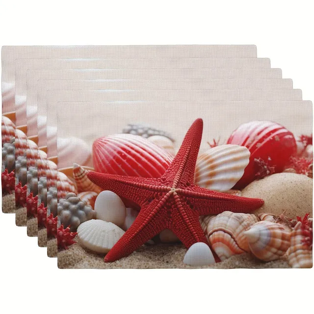 6pcs Full linen, Red Stars and Shells, Set of rustic-style sheets, Heat resistant 45,72 x 30,48 cm