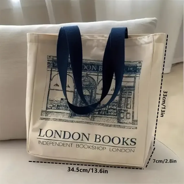 1pc vintage retro simple london bookstore pattern canvas bag for strap, literary bag over shoulder