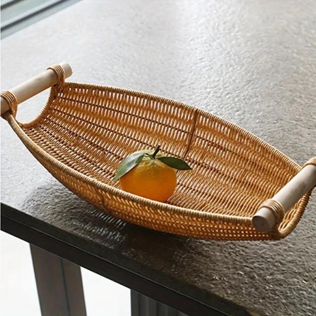 Fruit basket with rustic charm: hand woven from imitation rattan with wooden handles, ideal as decoration