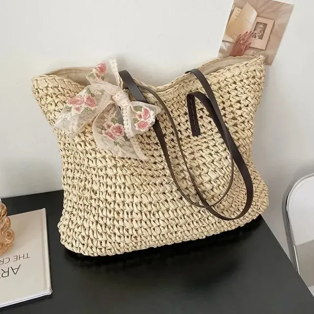 Summer big rattan bag with lace ribbon for women