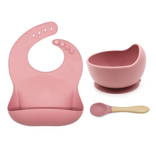 Set de repas en silicone coloré pour enfants - bavoir + bol avec ventouse et cuillère