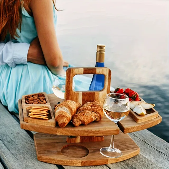 Folding picnic table with wine holders and wooden snack tray