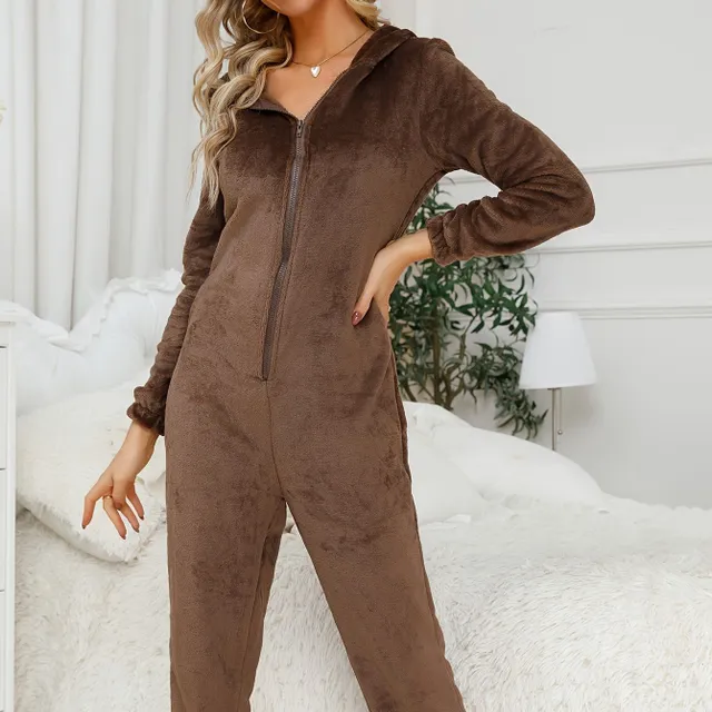 Roztomilý plyšový overal s medvedíkom a mikinou, zipsom a dlhým rukávom - dámske pyžamá
