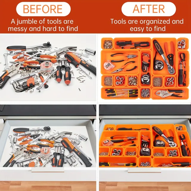 Organizátor pre náradie 45 ks: ÚSPEŠNÉ SKLADOVANIE pre skrutky, matice, náradie a malé diely - oranžová