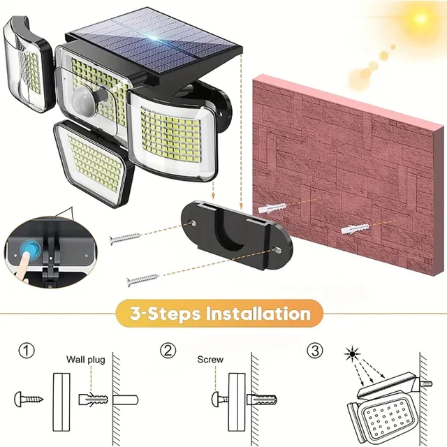 Vonkajšie solárne svetlo s detektorom pohybu, 278 LED, 3000 lm, 6500 K, 4 hlavy, IP65 vodotesné, 300° široký uhol s 3 režimami