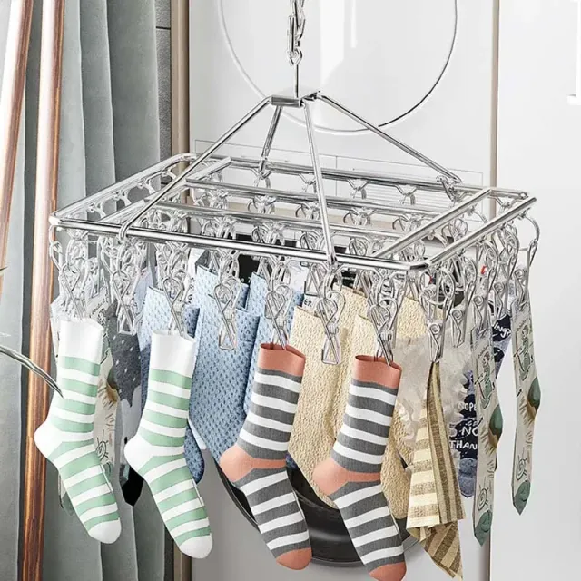 Folding stainless steel dryer for underwear with clips for socks, lingerie and clothes