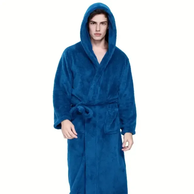 Men's soft long robe with hood in solid colour