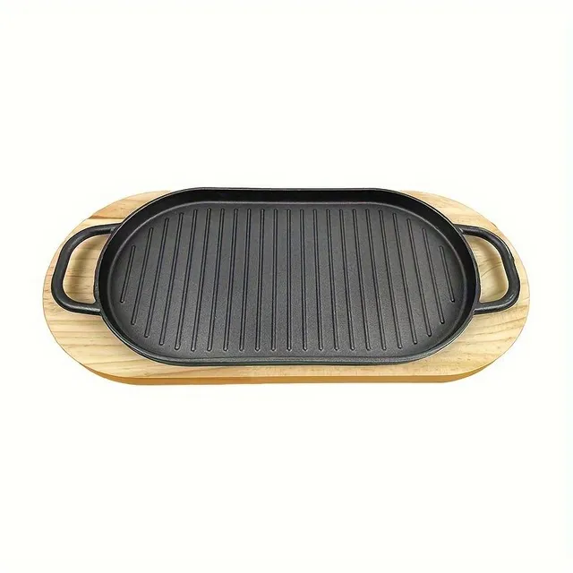 Oval cast iron pan with barbecue grooves, wooden base, suitable for grill, steak, bacon - non-sticky