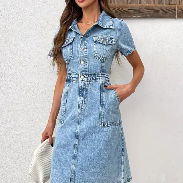 Royal blue denim dress with short sleeves, single-breasted lapel collar, casual, women's