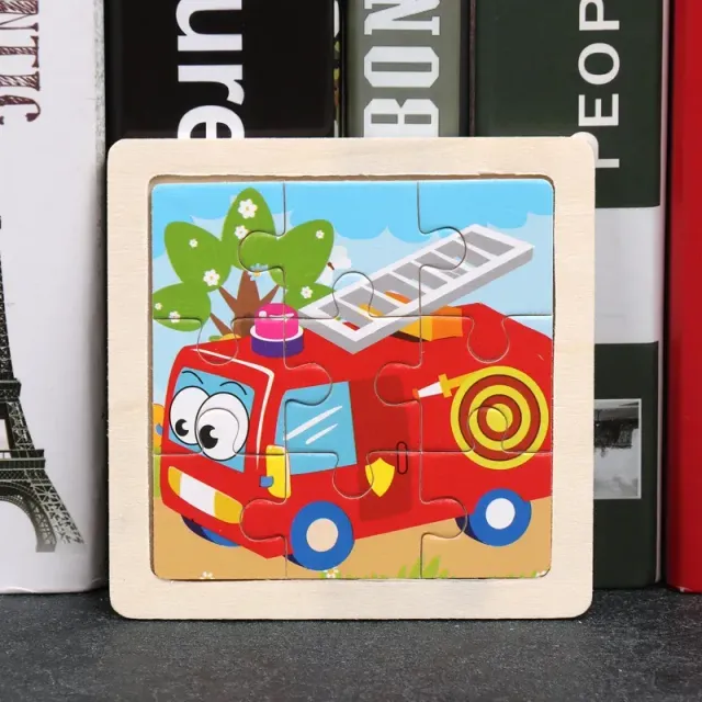 Dřevěné puzzle pro děti 11x11 cm: Vozidla, zvířátka, kreslené motivy, Montessori výukové hračky pro děti