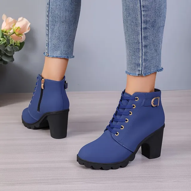 Damen Ankle Boots mit robustem Absatz, Schnalle und seitlichem Reißverschluss (hohe Absätze)