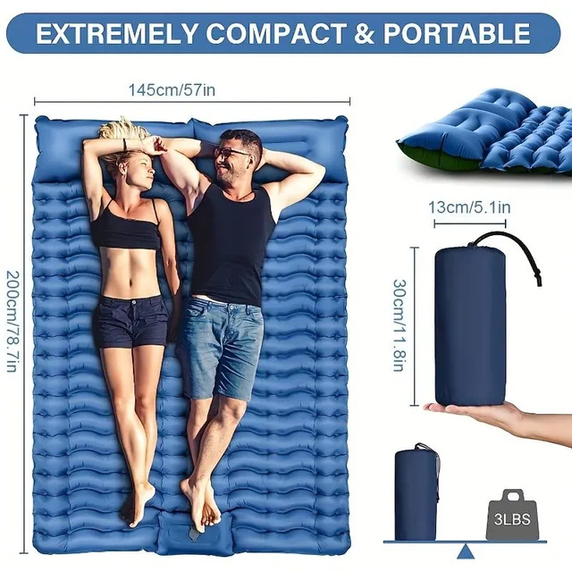 1pc Two-piece inflatable card with pillow, 10,16 cm extra strong, camping, with integrated foot pump