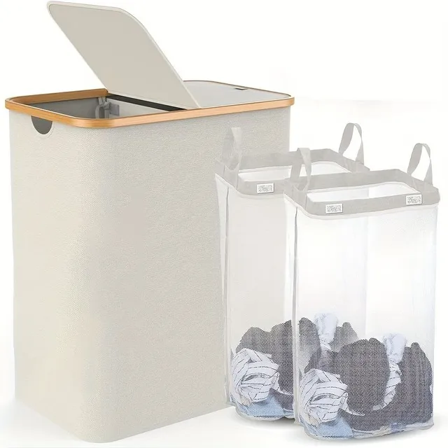 1pc Two-layer Basket On Laundry With lid, Big Basket On Laundry With lid, Basket On Dirty Laundry With 2 Small Bags On Laundry Inside, Removable and Washable Inner Bag, Foldable Basket On Dirty Laundry, Which Saves Place, Organisation Laundry Do Bedroom