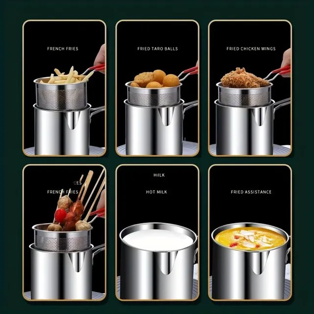 Mini fryer made of stainless steel 1,2 L with handle and basket on the sieve, kitchen tool