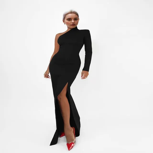 Ladies elegant long dress with one long sleeve and slit