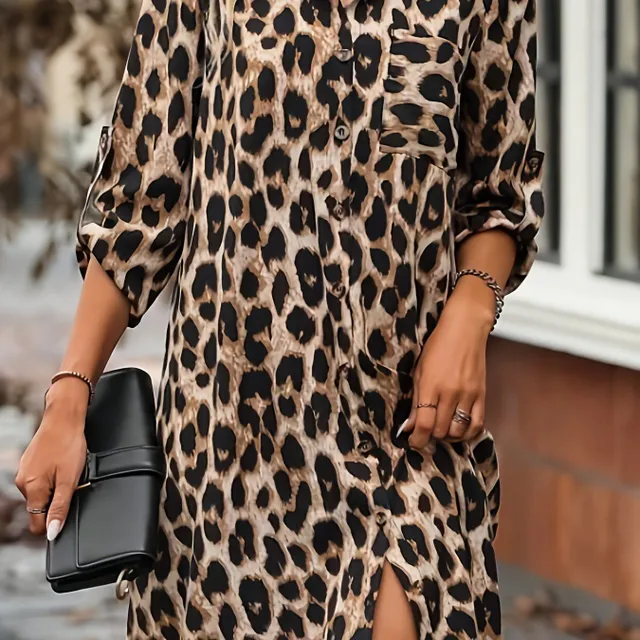 Robe à motif léopard avec boutons, robe confortable à manches 3/4 pour femmes