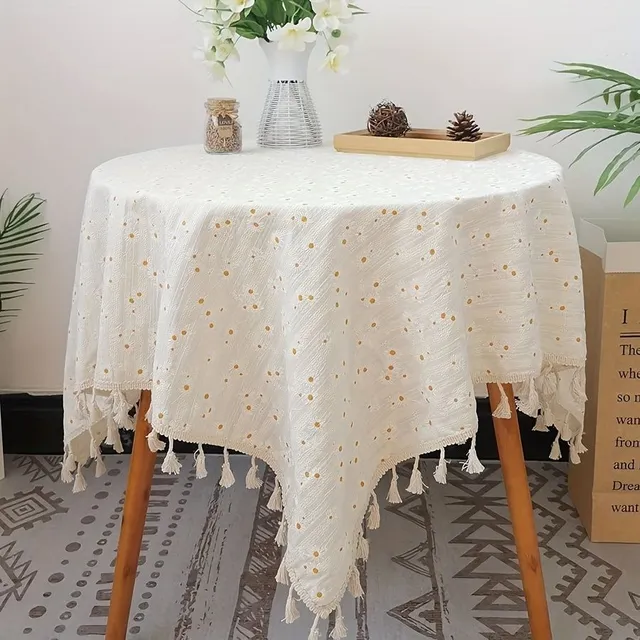 Ubrus macramé, small, fresh style, pasture decoration table, rectangular with pattern flowers daisies, dustproof tablecloth with fringes