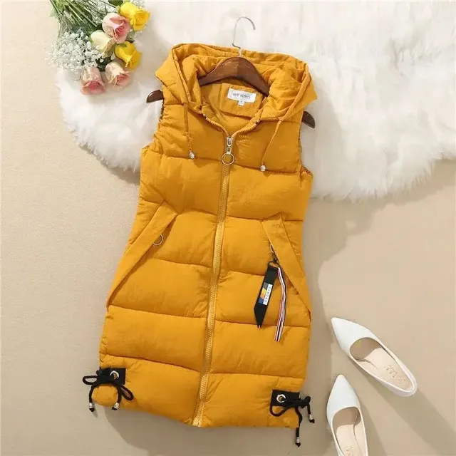 Women's warm long comfortable vest with hood and pockets