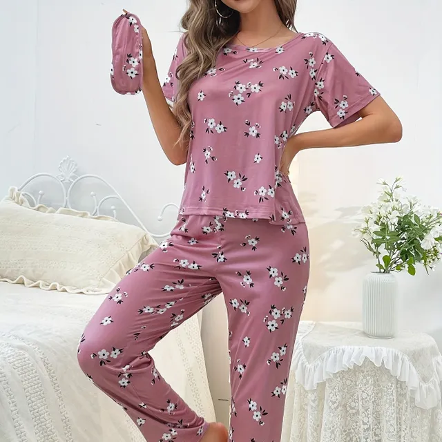 Women's loose pajamas with floral printing, short sleeve and pants - Sleeping and relaxation kit