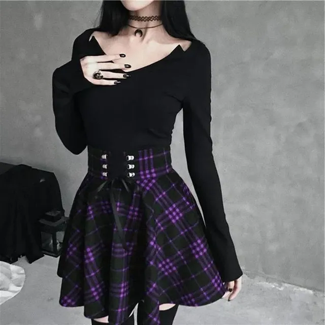 Gothic plaid mini skirt with high lace-up waist